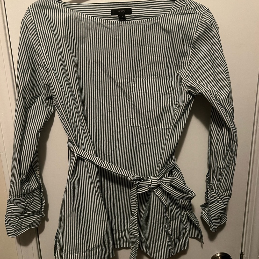 J. Crew Green Silver Cuffed Sleeve Tie Front Blouse